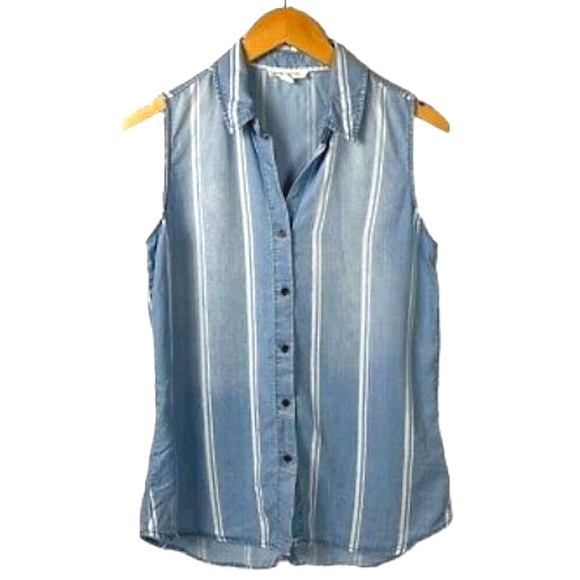 ANTHROPOLOGIE BeachLunchLounge Stripe Ombre Sleeveless Chambray Peplum Top EUC - Picture 9 of 9